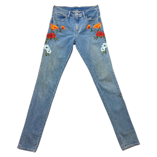 LADIES RED TAB LEVIS SKINNY FIT FLOWER EMBROIDERED JEANS HIPPY BOHO 28 w 34 L