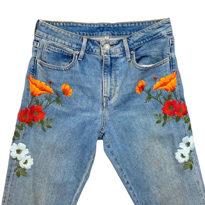 LADIES RED TAB LEVIS SKINNY FIT FLOWER EMBROIDERED JEANS HIPPY BOHO 28 w 34 L