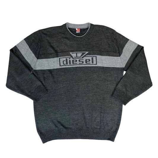 Vintage 90s Grey Diesel Logo Spell-Out Graphic Knit Sweater Jumper XL