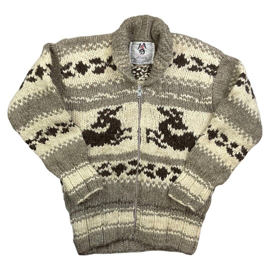 VTG MENS WOOL NATIVE CANADIAN COWICHAN GRAPHIC KNIT ROCKABILLY CARDIGAN 42” L