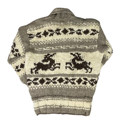 VTG MENS WOOL NATIVE CANADIAN COWICHAN GRAPHIC KNIT ROCKABILLY CARDIGAN 42” L