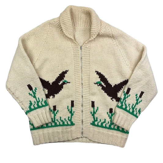 VTG 50s MARY MAXIM WOOL COWICHAN CARDIGAN MALLARD DUCK KNIT ROCKABILLY 44”
