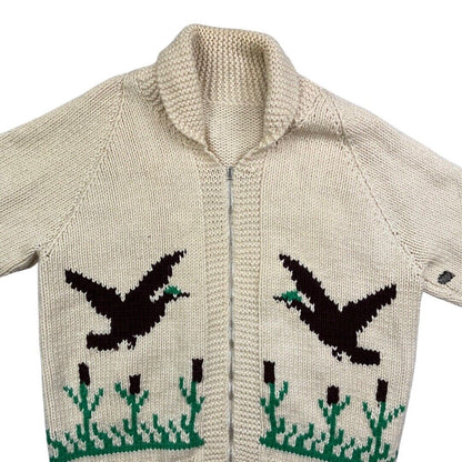VTG 50s MARY MAXIM WOOL COWICHAN CARDIGAN MALLARD DUCK KNIT ROCKABILLY 44”
