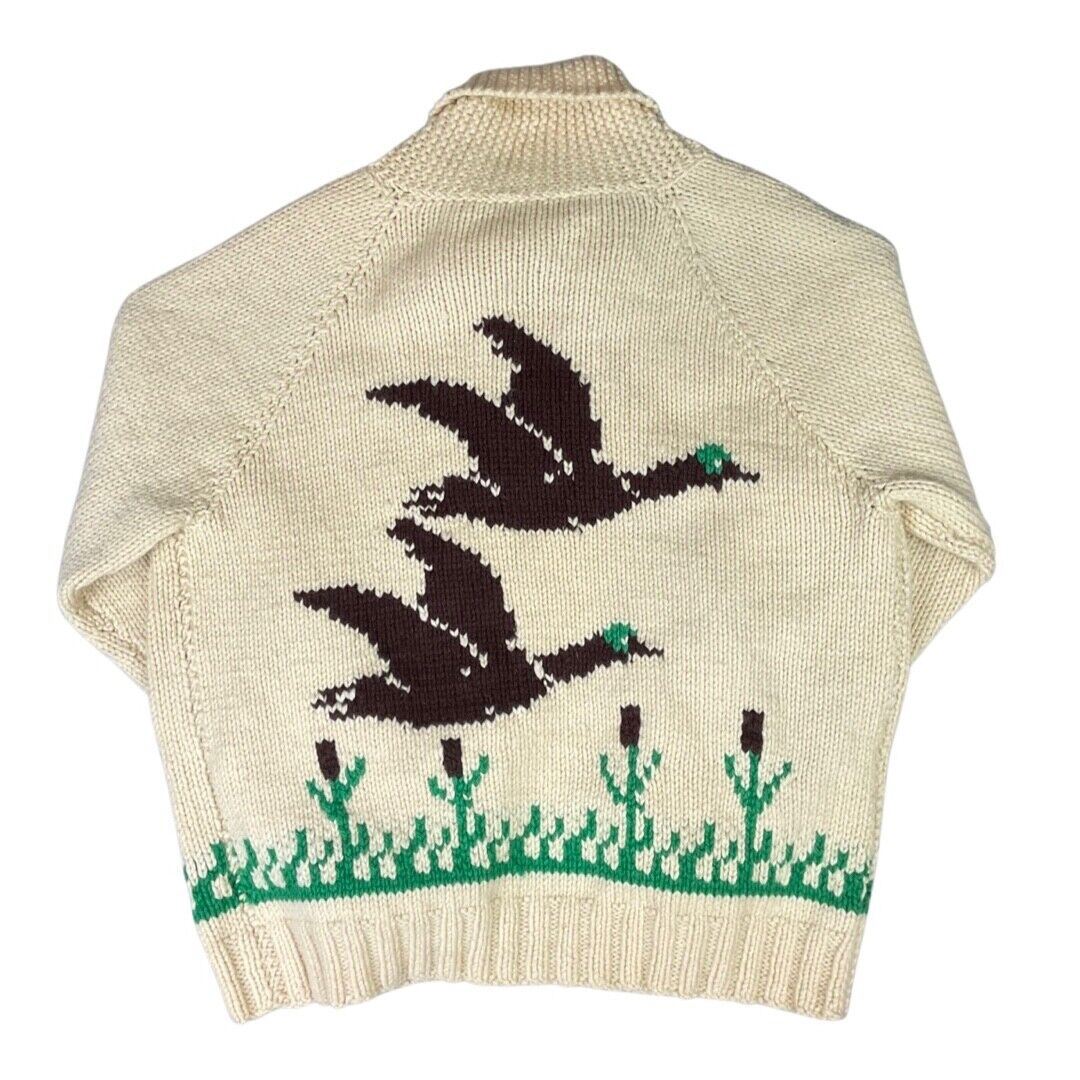 VTG 50s MARY MAXIM WOOL COWICHAN CARDIGAN MALLARD DUCK KNIT ROCKABILLY 44”
