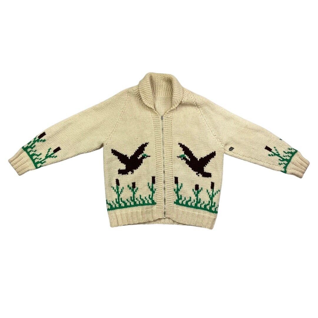 VTG 50s MARY MAXIM WOOL COWICHAN CARDIGAN MALLARD DUCK KNIT ROCKABILLY 44”