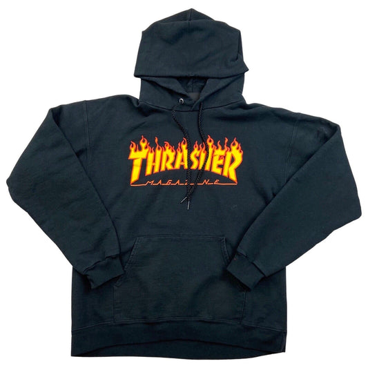 Vintage 90s 00s Black Orange Thrasher Flame Skate Hoodie M