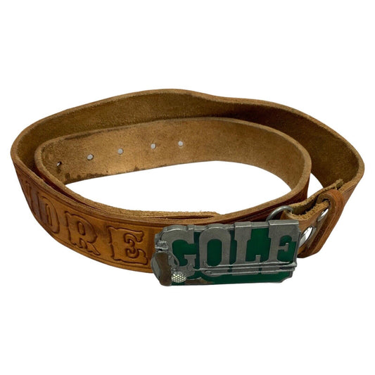 Vintage 1995 Brown Stamped Green Golf Siskiyou Buckle Personalised Belt 44" M/L
