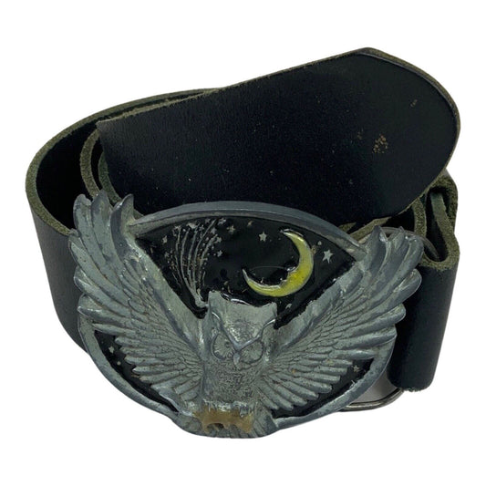 Vintage Black Leather with Silver Owl Novelty Buckle Belt 45 1/2" M/L