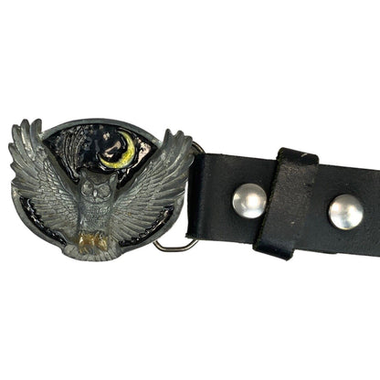 Vintage Black Leather with Silver Owl Novelty Buckle Belt 45 1/2" M/L