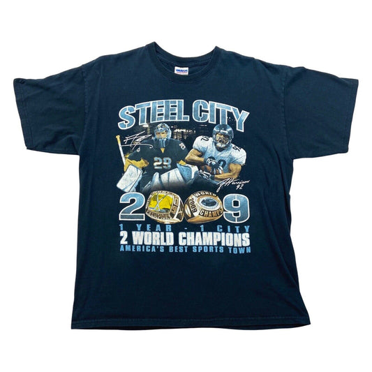 Vintage 2009 Black Steel City Pittsburg Hockey Football Championship Tshirt M