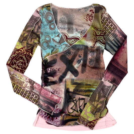 Vintage Y2K Pink Blue Green Mesh Sheer Graphic Wrap Around Top 8 10 S