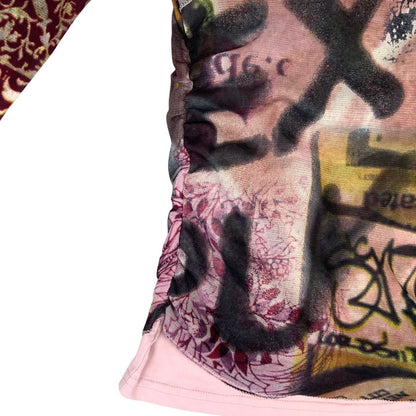 Vintage Y2K Pink Blue Green Mesh Sheer Graphic Wrap Around Top 8 10 S