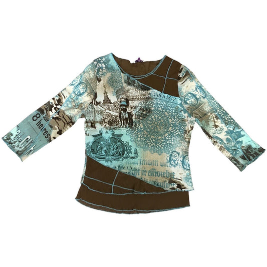 Vintage Y2K Blue Brown Graphic Print Mesh Contrast Stitch Top 10 12 S M