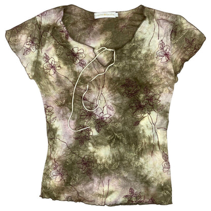 Vintage Y2K Beige Khaki Floral Mesh Sheer Tie Dye Lettuce Hem Top 8 10 S