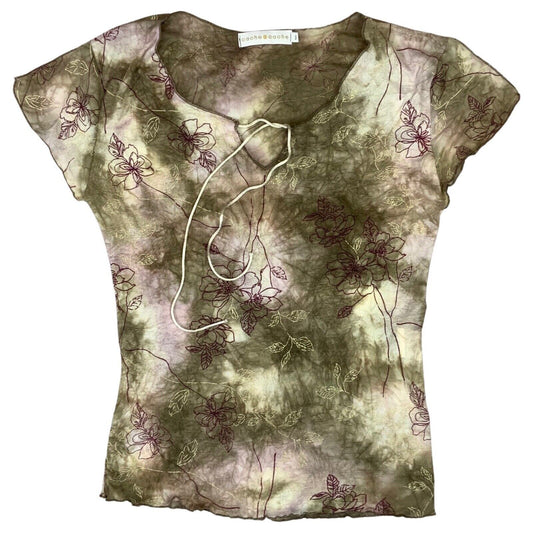 Vintage Y2K Beige Khaki Floral Mesh Sheer Tie Dye Lettuce Hem Top 8 10 S