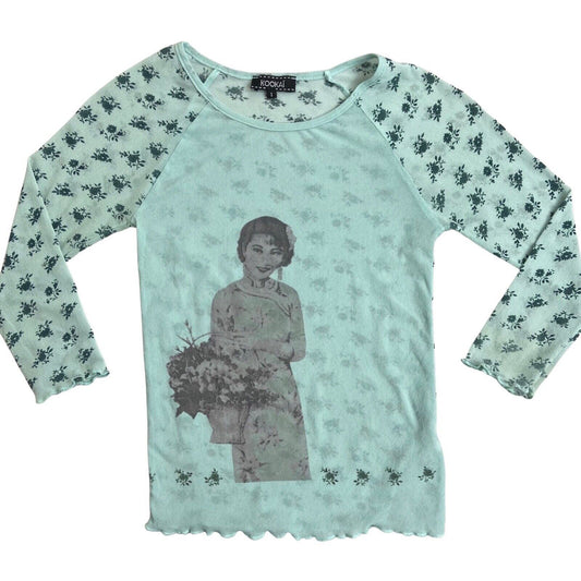 Vintage Y2K Blue Turquoise Floral Mesh Sheer Graphic Print Top 8 10 S