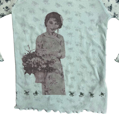 Vintage Y2K Blue Turquoise Floral Mesh Sheer Graphic Print Top 8 10 S