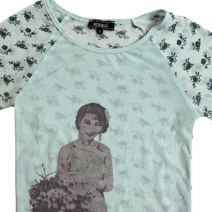 Vintage Y2K Blue Turquoise Floral Mesh Sheer Graphic Print Top 8 10 S