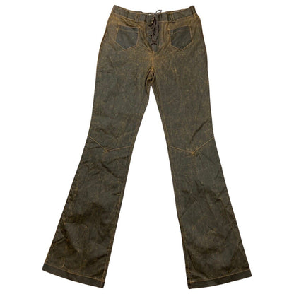 Vintage Y2K Brown Distressed Leather Look Flared Lace Up Trousers 8 10 S