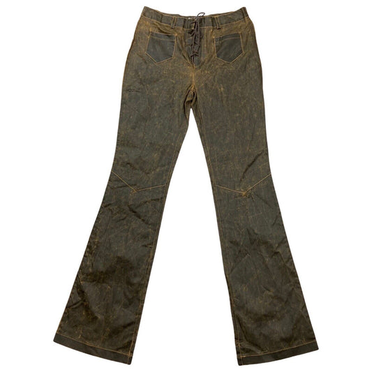 Vintage Y2K Brown Distressed Leather Look Flared Lace Up Trousers 8 10 S