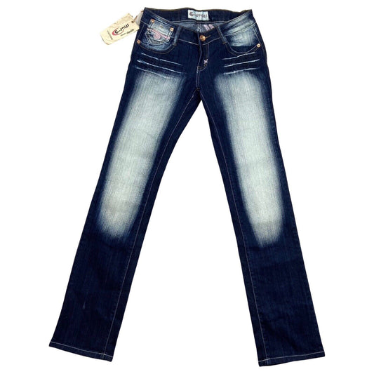 Vintage Y2K Dark Blue Acid Wash Embroidered Deadstock Low Rise Flared Jeans 8 S