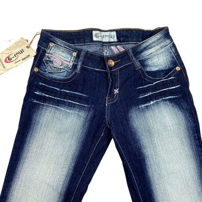 Vintage Y2K Dark Blue Acid Wash Embroidered Deadstock Low Rise Flared Jeans 8 S