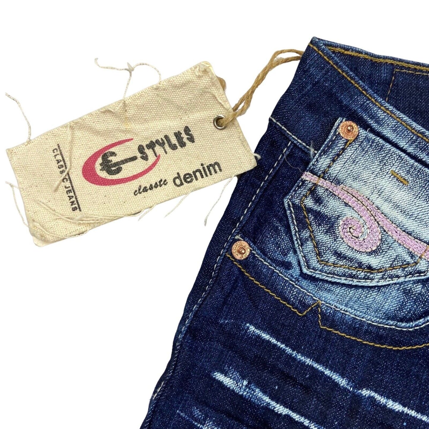 Vintage Y2K Dark Blue Acid Wash Embroidered Deadstock Low Rise Flared Jeans 8 S
