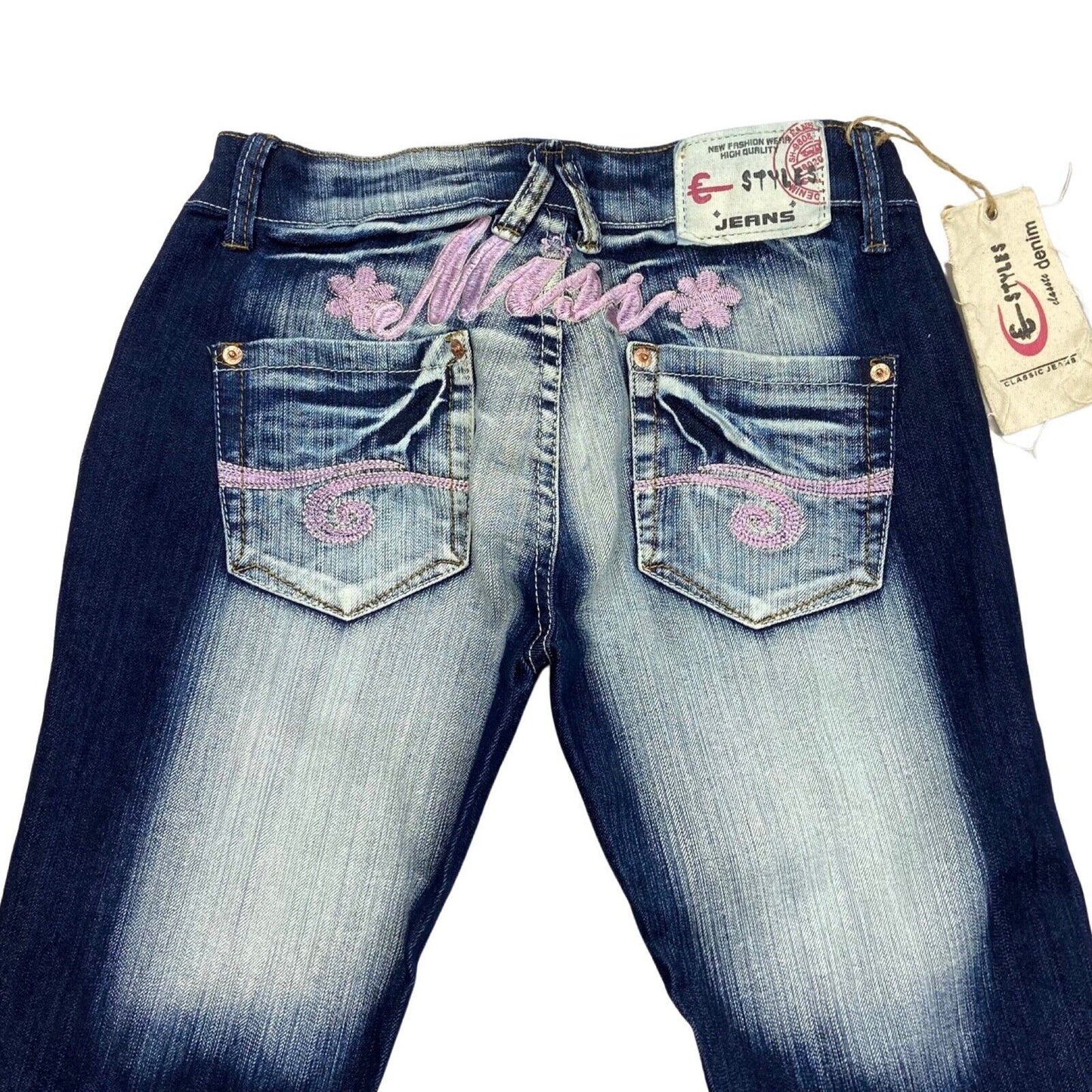 Vintage Y2K Dark Blue Acid Wash Embroidered Deadstock Low Rise Flared Jeans 8 S
