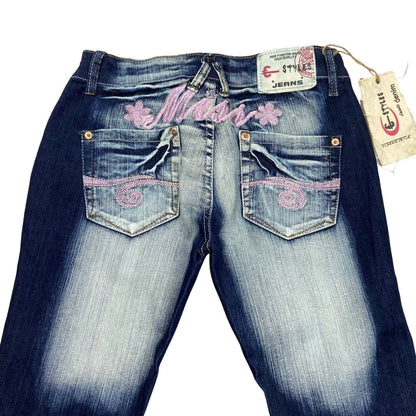 Vintage Y2K Dark Blue Acid Wash Embroidered Deadstock Low Rise Flared Jeans 8 S