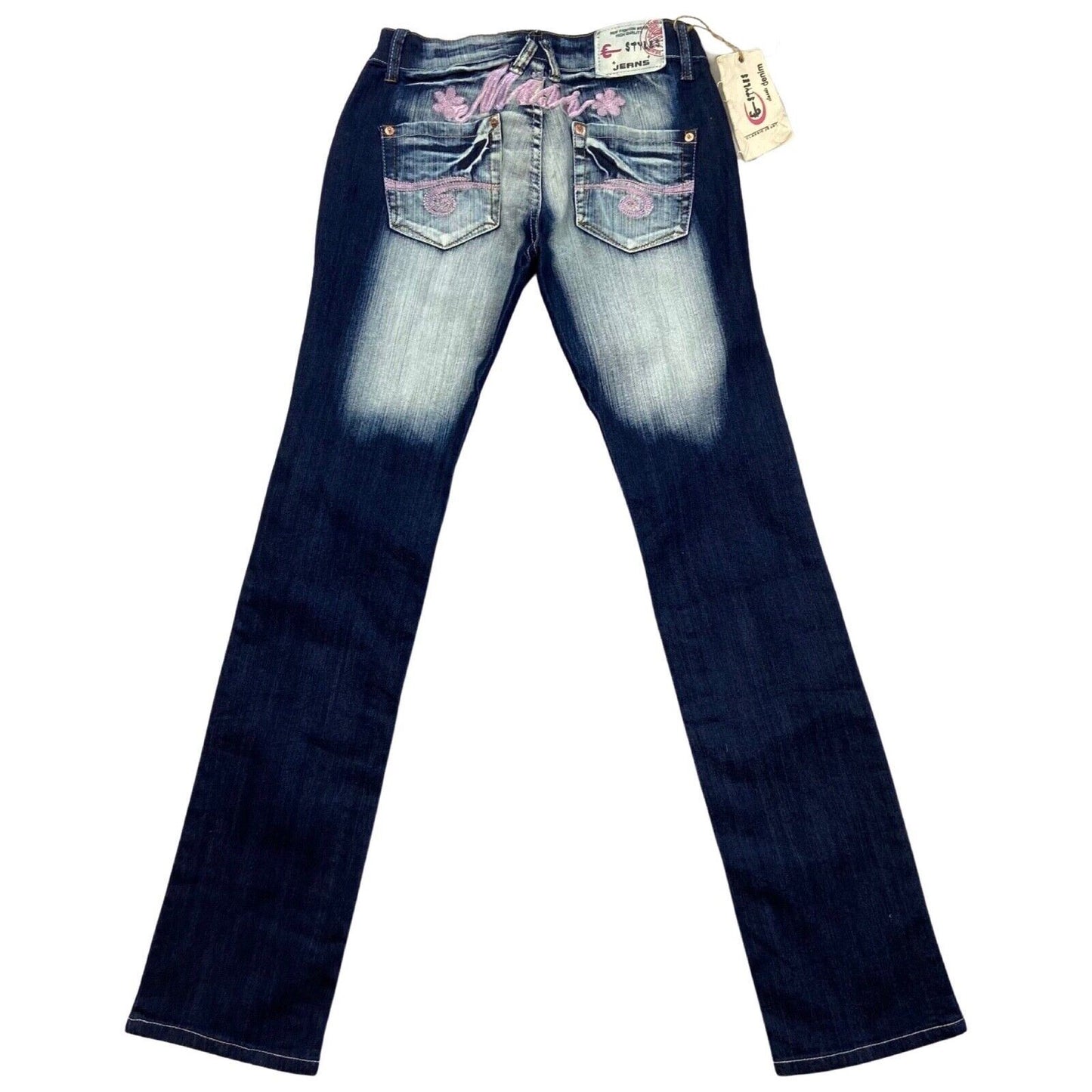 Vintage Y2K Dark Blue Acid Wash Embroidered Deadstock Low Rise Flared Jeans 8 S