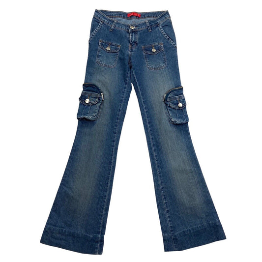 Vintage Y2K Blue Cargo Denim Mid Rise Flared Jeans 8 10 S