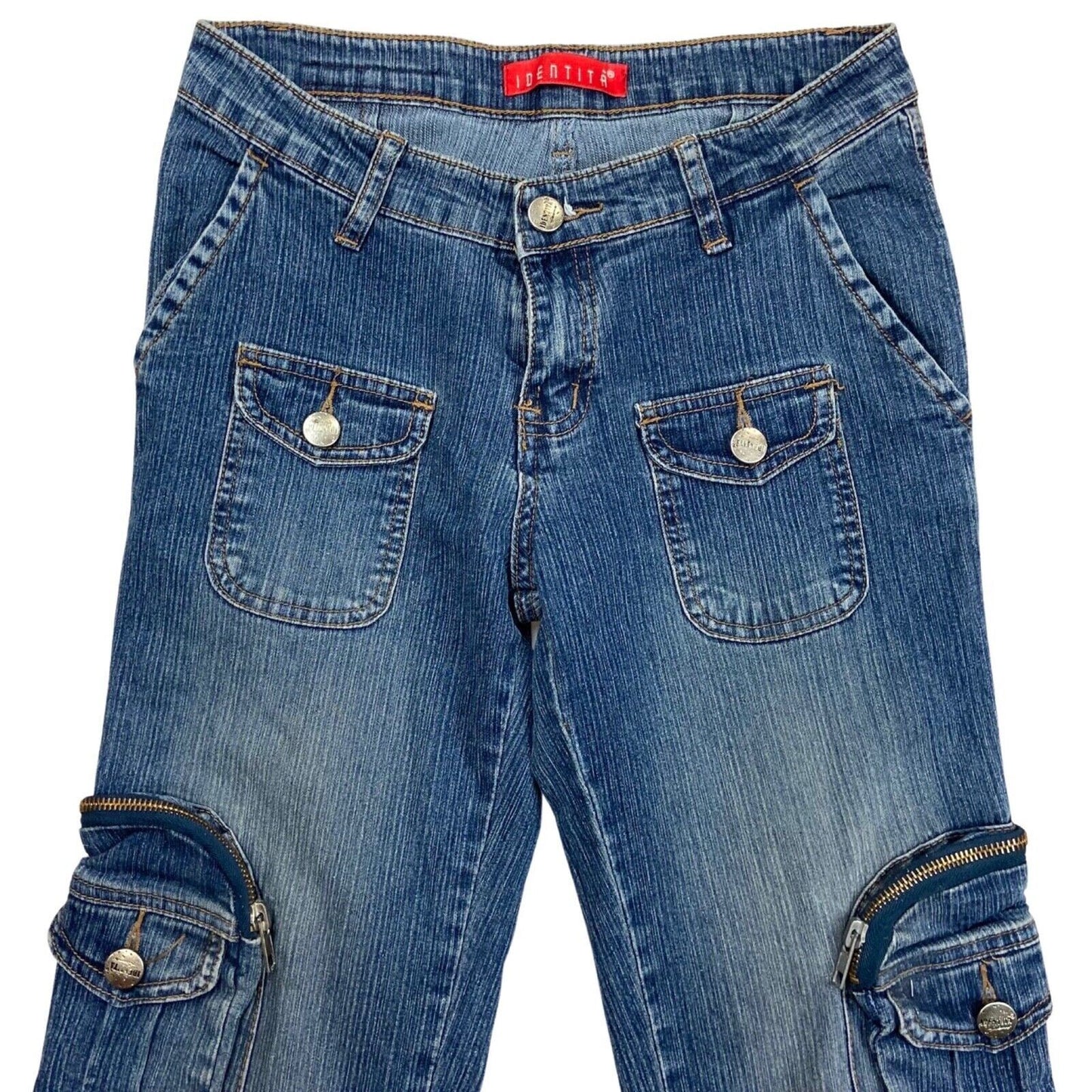 Vintage Y2K Blue Cargo Denim Mid Rise Flared Jeans 8 10 S