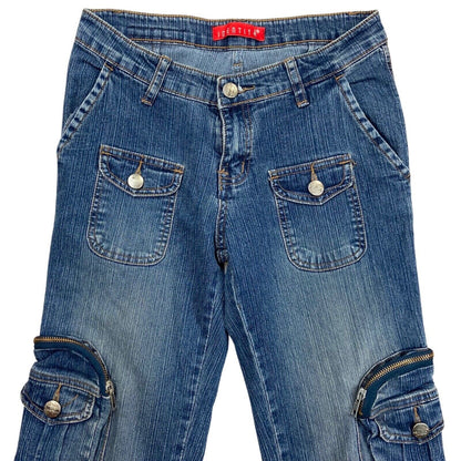 Vintage Y2K Blue Cargo Denim Mid Rise Flared Jeans 8 10 S