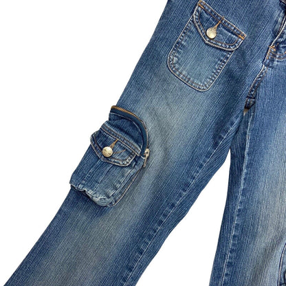 Vintage Y2K Blue Cargo Denim Mid Rise Flared Jeans 8 10 S
