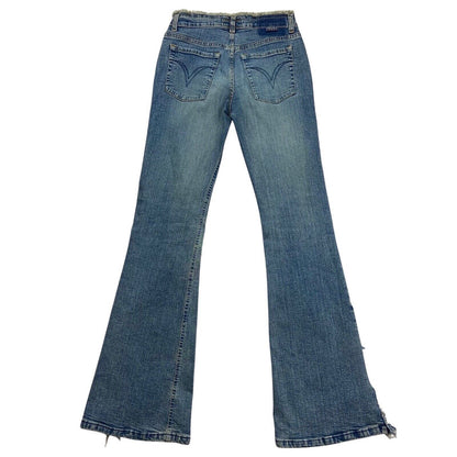 Vintage Y2K Blue Denim Frayed Split Flare Mid Rise Jeans  8 10 S