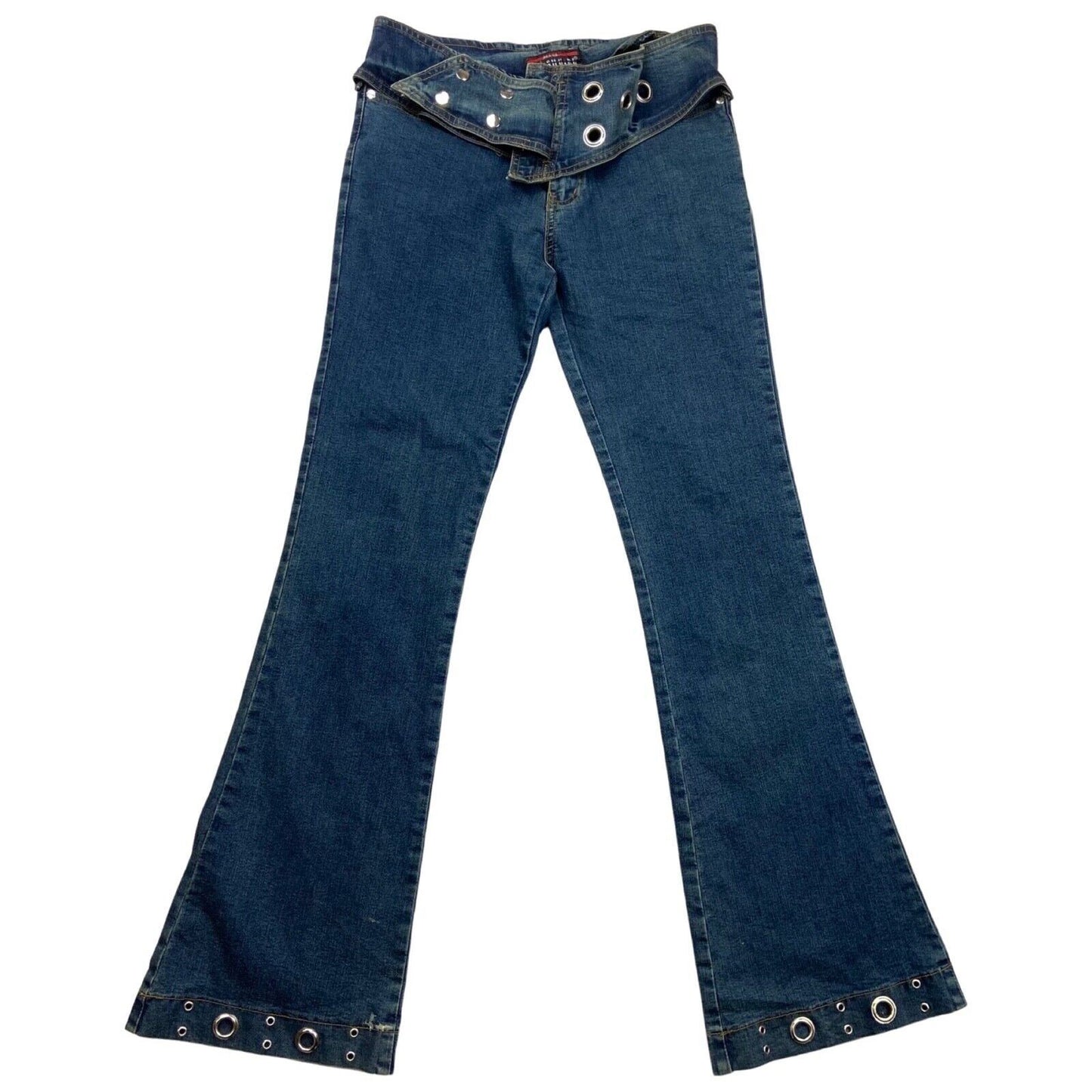 Vintage Y2K Blue Denim Eyelet Belted Flared Mid Rise Jeans 8 10 S