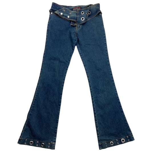 Vintage Y2K Blue Denim Eyelet Belted Flared Mid Rise Jeans 8 10 S