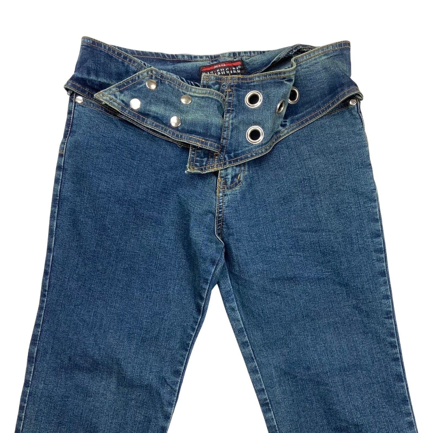 Vintage Y2K Blue Denim Eyelet Belted Flared Mid Rise Jeans 8 10 S