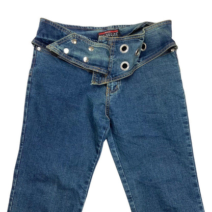 Vintage Y2K Blue Denim Eyelet Belted Flared Mid Rise Jeans 8 10 S