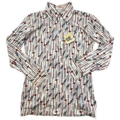 VTG 70s DEADSTOCK BIG COLLAR MENS POLY SMOCK SHIRT PSYCHEDELIC PRINT 38” (36)