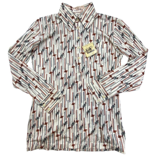 VTG 70s DEADSTOCK BIG COLLAR MENS POLY SMOCK SHIRT PSYCHEDELIC PRINT 38” (36)