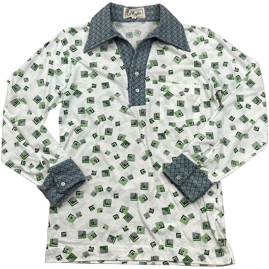 VTG 1970S BIG COLLAR MENS POLY SMOCK SHIRT GEOMETRIC PSYCHEDELIC PRINT 37” (34)
