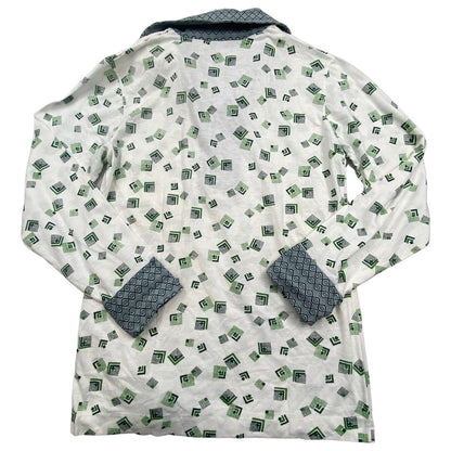 VTG 1970S BIG COLLAR MENS POLY SMOCK SHIRT GEOMETRIC PSYCHEDELIC PRINT 37” (34)