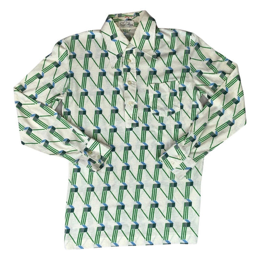 VTG 1970S BIG COLLAR MENS POLY SMOCK SHIRT GEOMETRIC PSYCHEDELIC PRINT 38” (36)