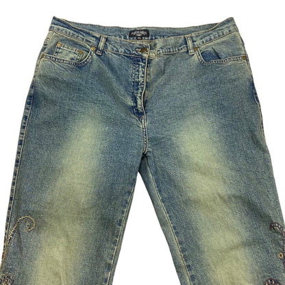Vintage 90s 00s Y2K Blue Pink Floral Embroidered Denim Flares Jeans 35" 14 16