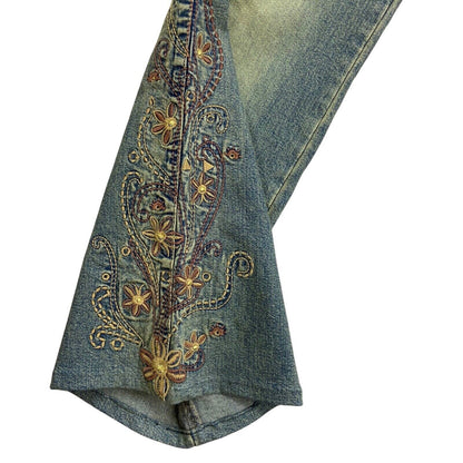 Vintage 90s 00s Y2K Blue Pink Floral Embroidered Denim Flares Jeans 35" 14 16