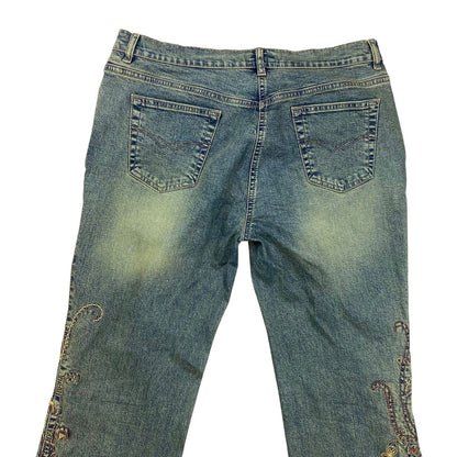Vintage 90s 00s Y2K Blue Pink Floral Embroidered Denim Flares Jeans 35" 14 16