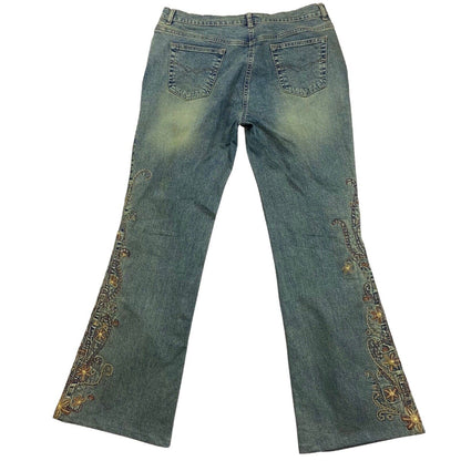 Vintage 90s 00s Y2K Blue Pink Floral Embroidered Denim Flares Jeans 35" 14 16