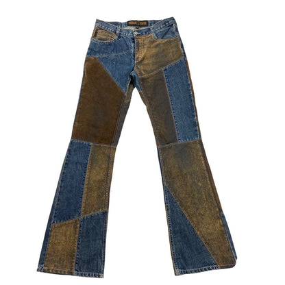 Vintage 90s 00s Y2K Blue Brown Patchwork Flared Denim Jeans 29" 8 10
