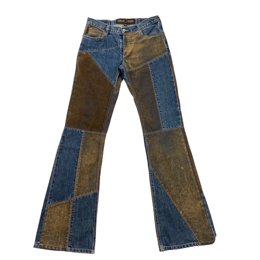 Vintage 90s 00s Y2K Blue Brown Patchwork Flared Denim Jeans 29" 8 10